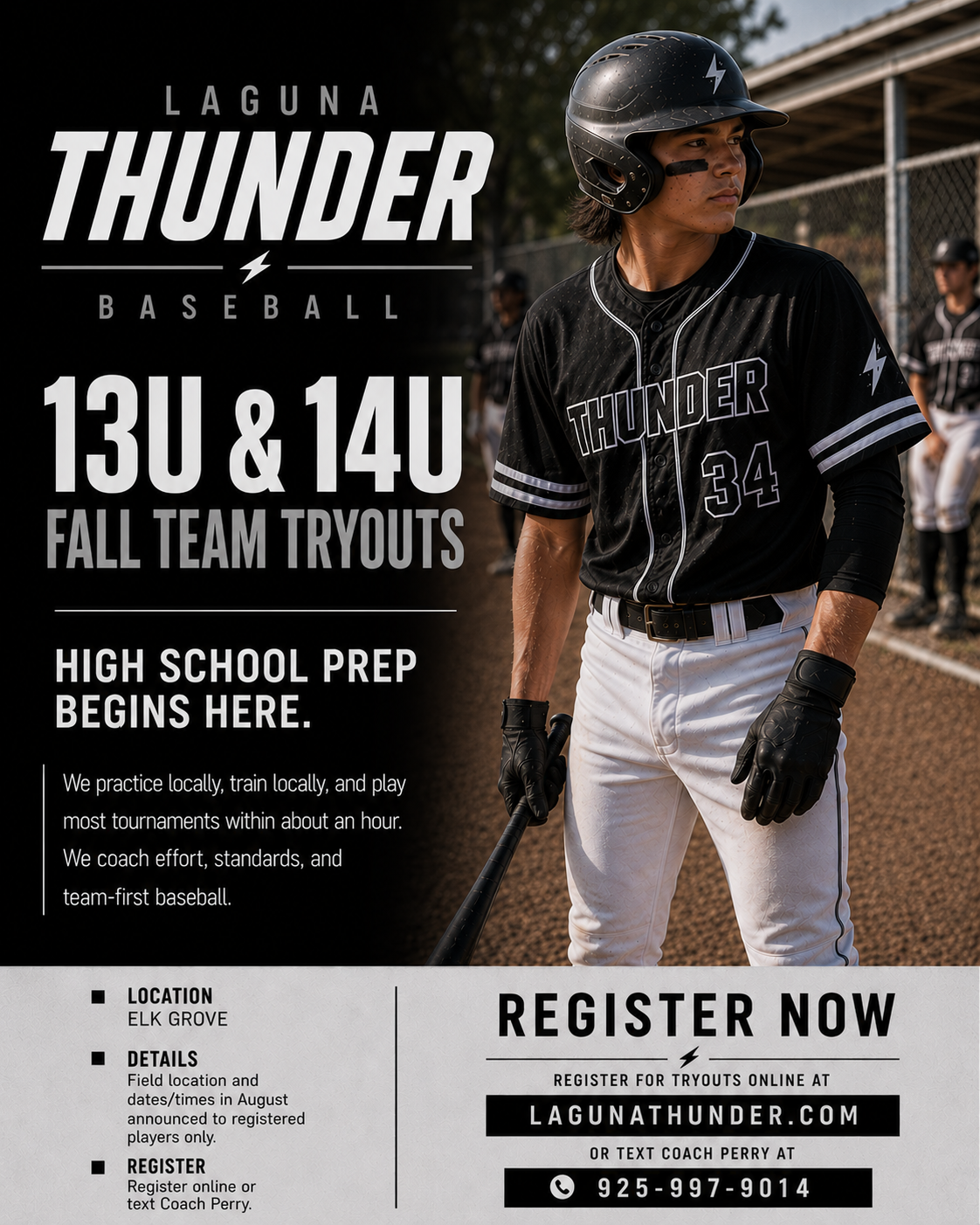 Laguna Thunder 13U and 14U fall team tryouts flyer